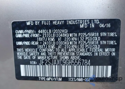 2016 Subaru Forester 2.5I Touring from USA, damaged, VIN JF2SJAXC9GH556784